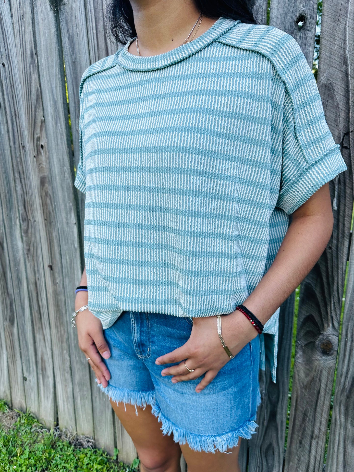 Model wearing medium-wash high-rise denim shorts with frayed hems and a relaxed fit, paired with a green striped textured top outdoors near a wooden fence.