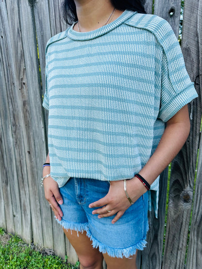 Model wearing medium-wash high-rise denim shorts with frayed hems and a relaxed fit, paired with a green striped textured top outdoors near a wooden fence.
