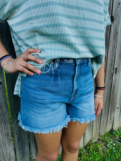 Model wearing medium-wash high-rise denim shorts with frayed hems and a relaxed fit, paired with a green striped textured top outdoors near a wooden fence.
