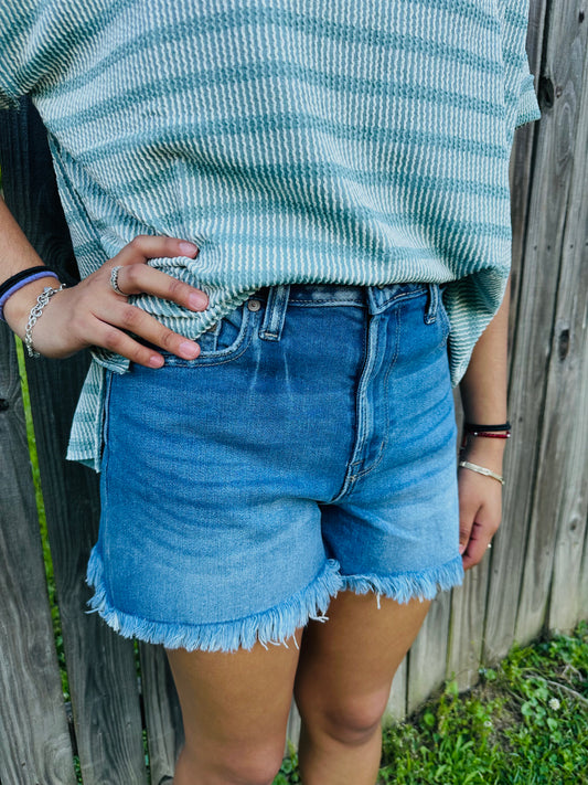 Model wearing medium-wash high-rise denim shorts with frayed hems and a relaxed fit, paired with a green striped textured top outdoors near a wooden fence.
