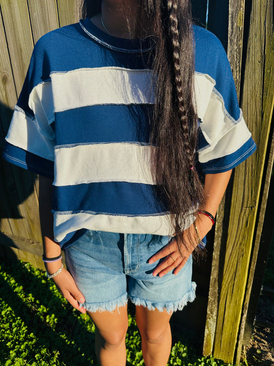 Blue and white vertical Stripped shirts in outdoor background with grass and a fence in the back.